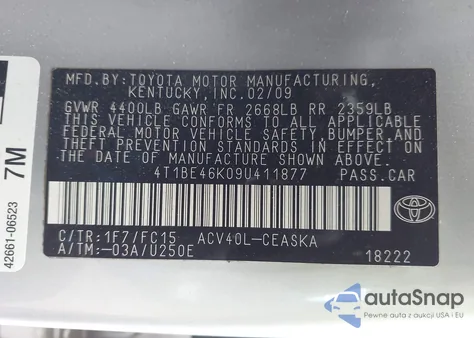 2009 Toyota Camry Se z USA, uszkodzony, nr VIN 4T1BE46K09U411877